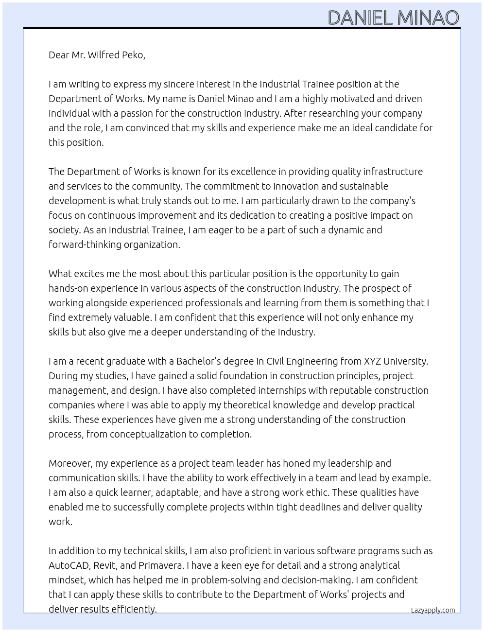 Industrial Trainee At Department of Works Cover Letter