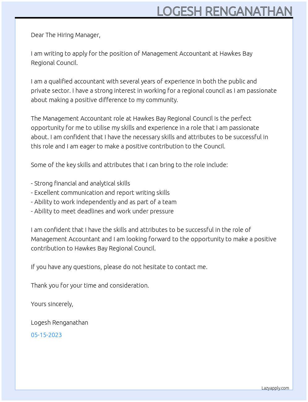 Management Accountant At Hawkes Bay Regional Council Cover Letter