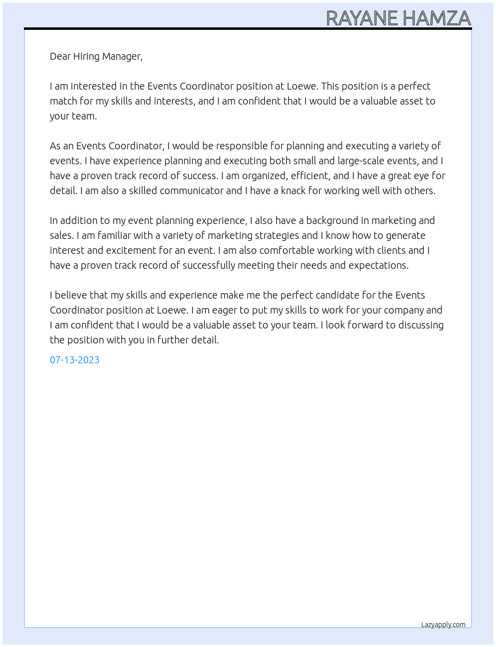 Events Coordinator At Loewe Cover Letter