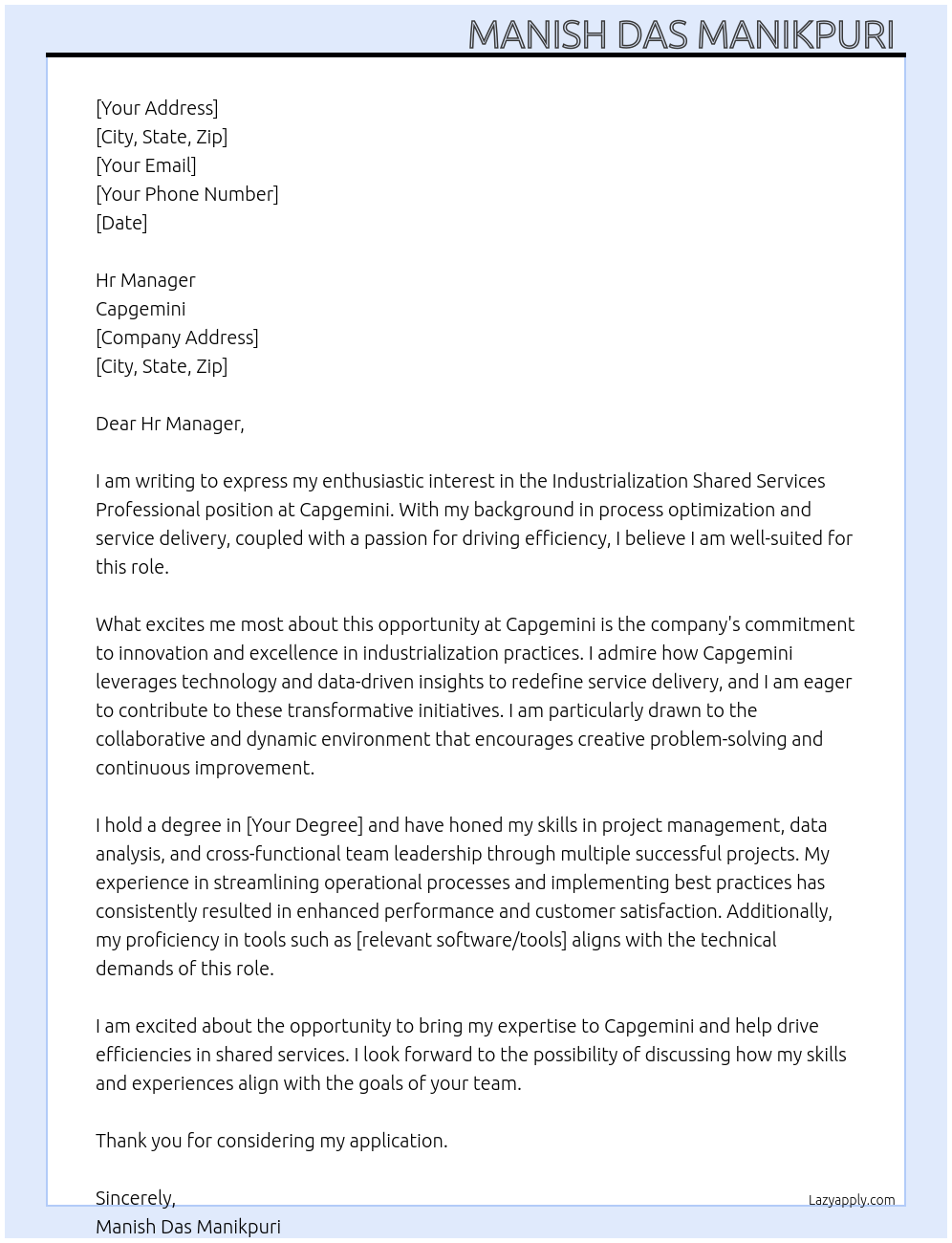 Industrialization Shared Services Professional At Capgemini  Cover Letter