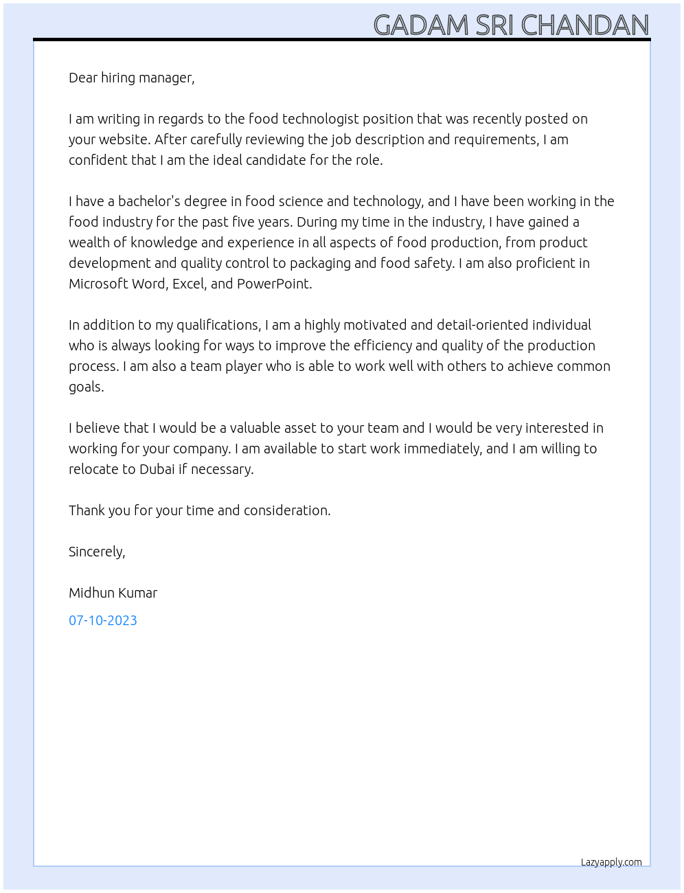 food technologist  At MODELEZ Cover Letter