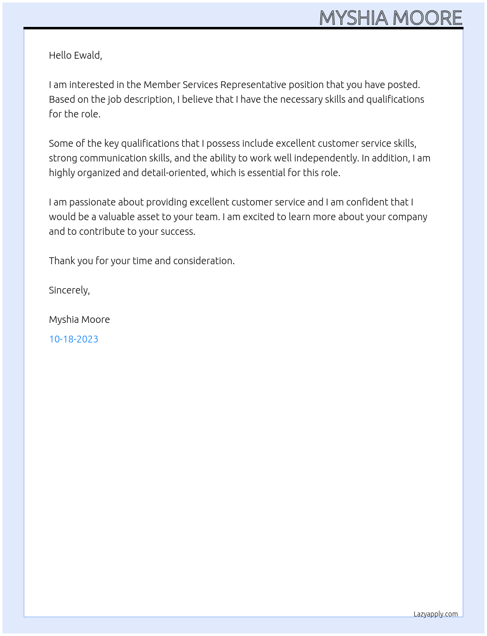 Member Services Representative At ewald  Cover Letter