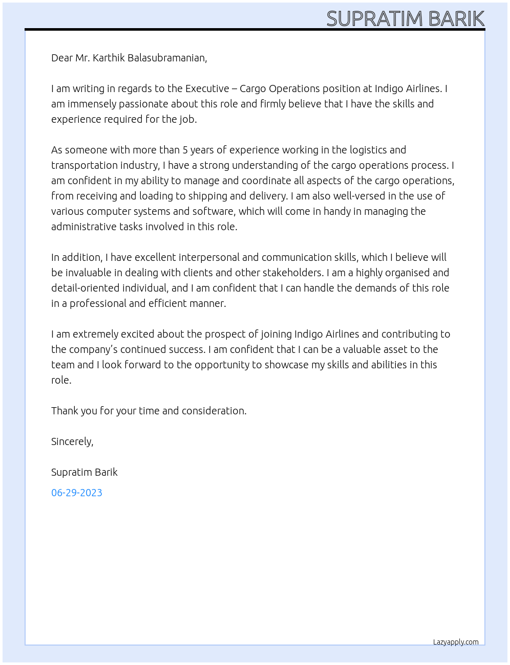 Executive - Cargo Operation At Indigo Airlines Cover Letter