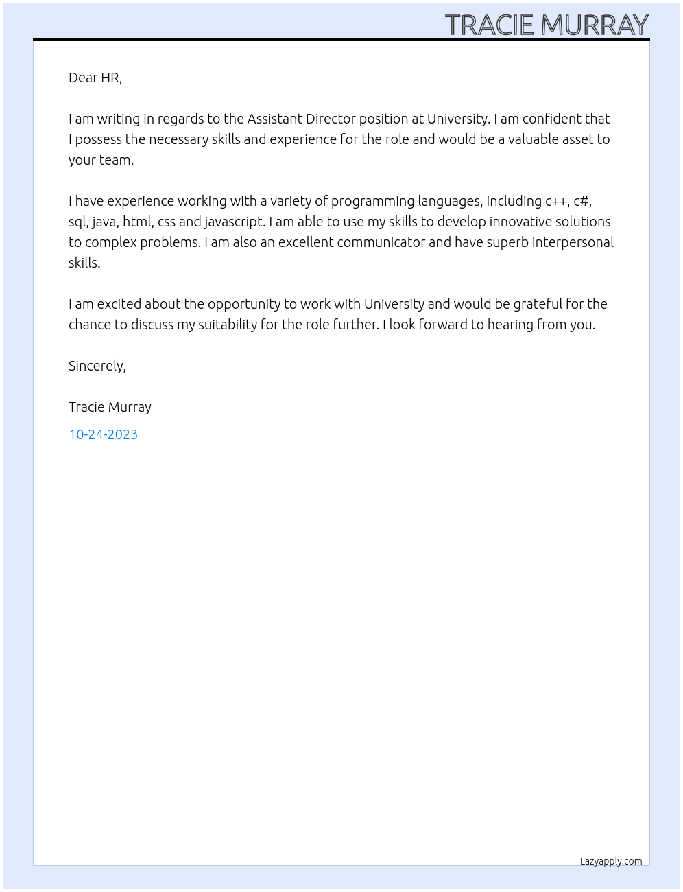 Assistant Director At University Cover Letter