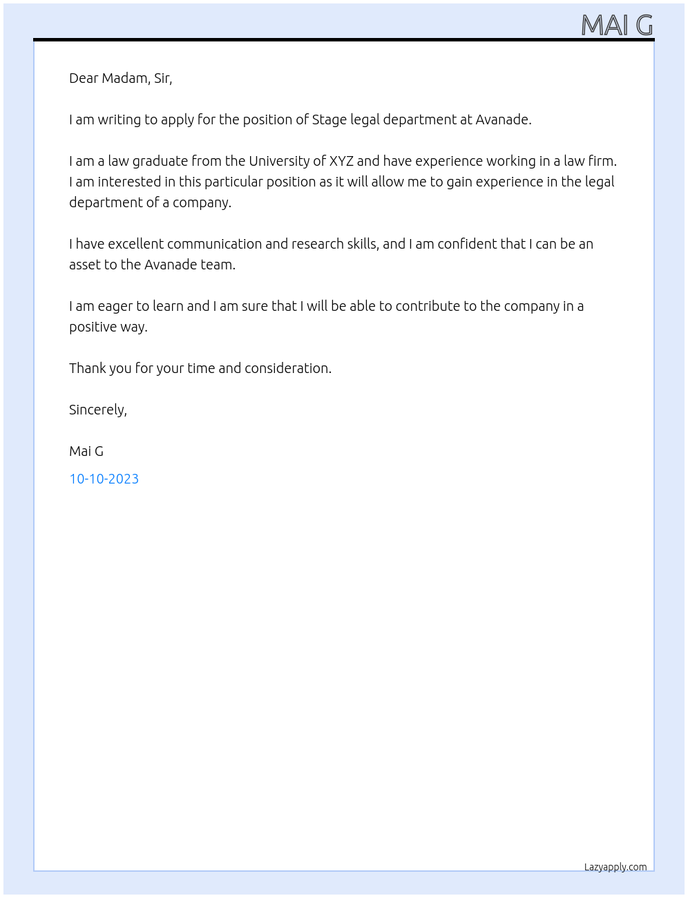 Stage legal department At Avanade Cover Letter