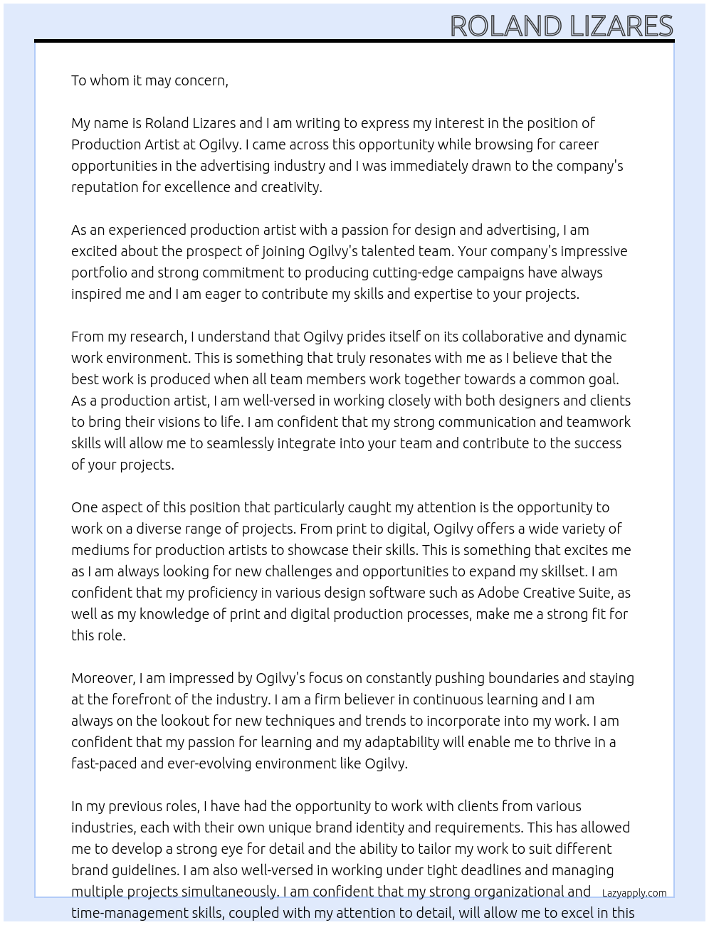 production artist At Ogilvy Cover Letter