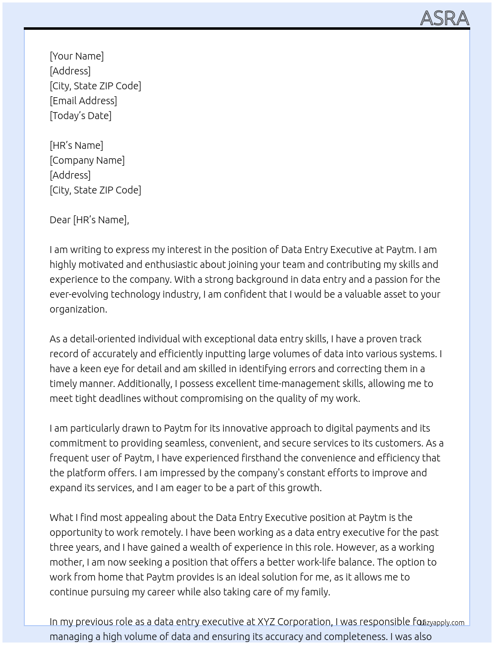 Data entry executive  At Paytm Cover Letter