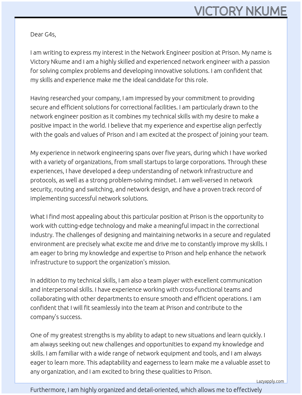 Network engineer At Prison Cover Letter