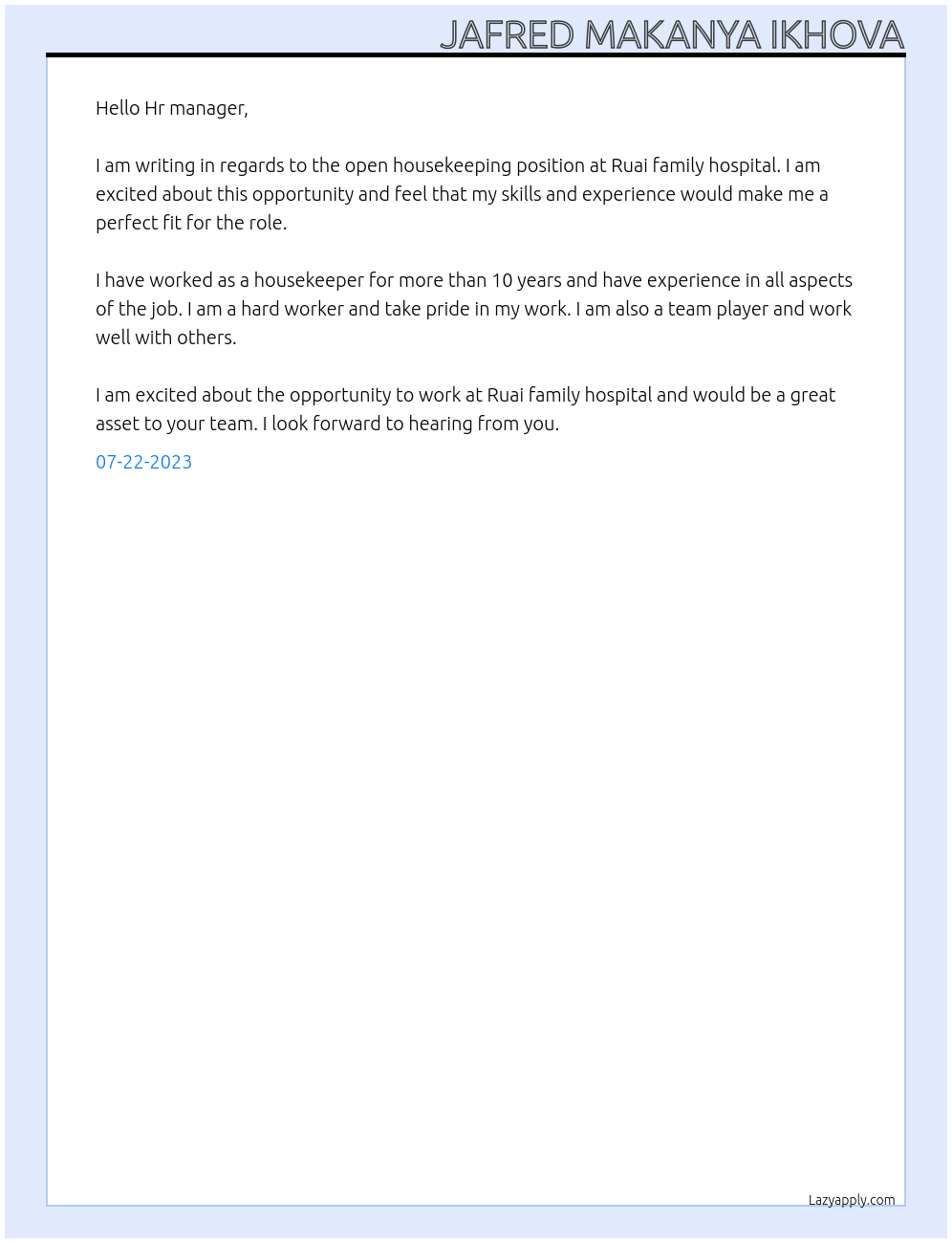 House keeping At Ruai family hospital Cover Letter