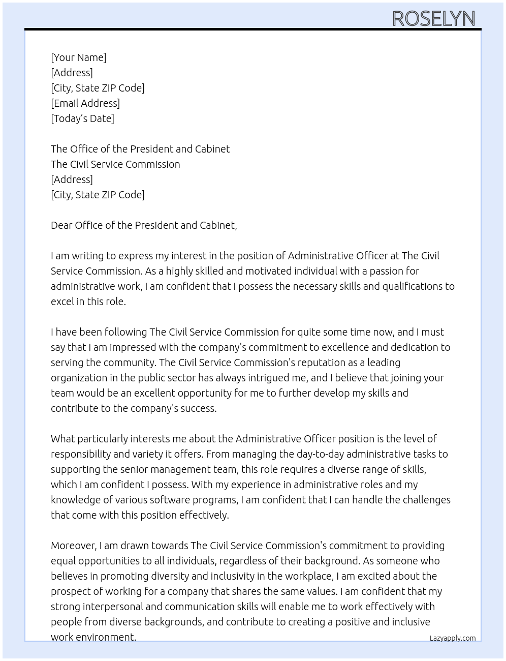 Administrative officer At The Civil Service Commission Cover Letter