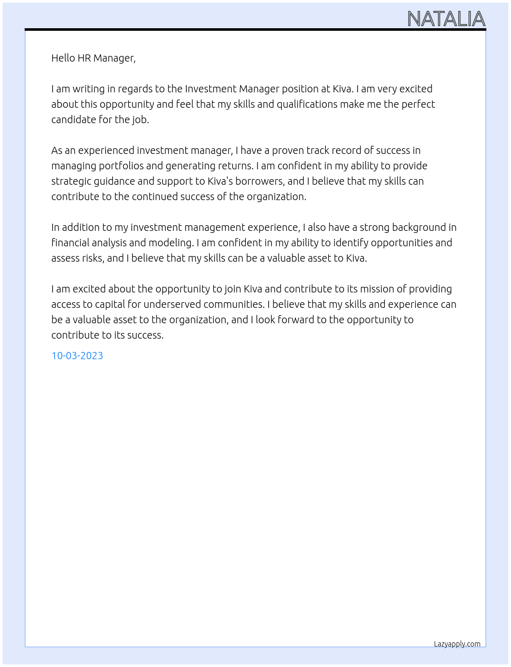 Investment Manager At Kiva Cover Letter