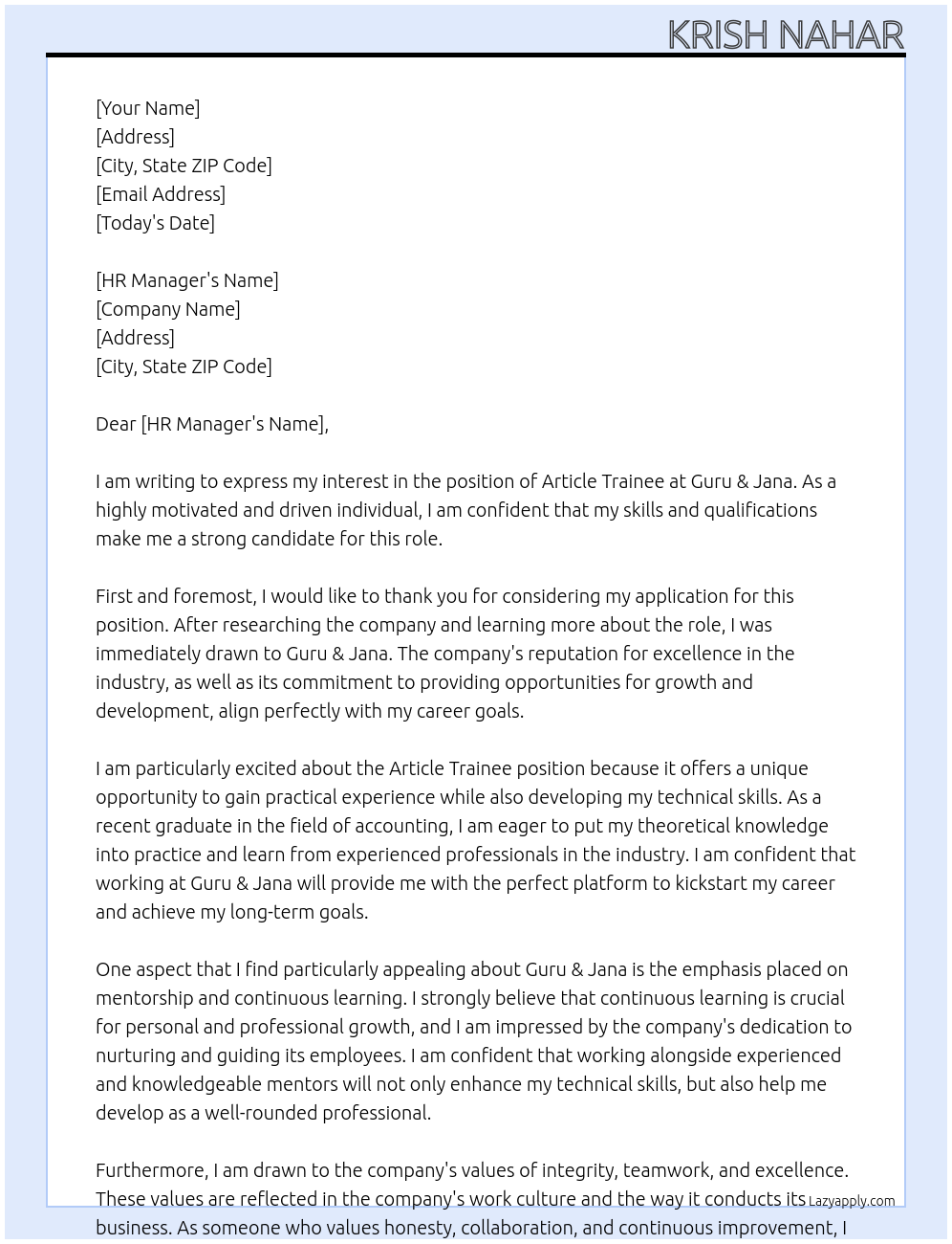 Article trainee At Guru & Jana Cover Letter