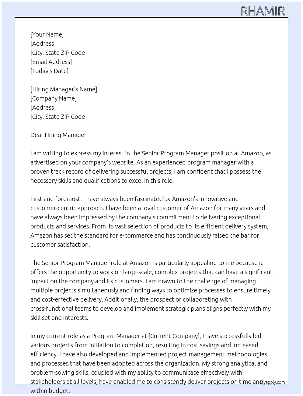 Senior Program Manager At Amazon Cover Letter