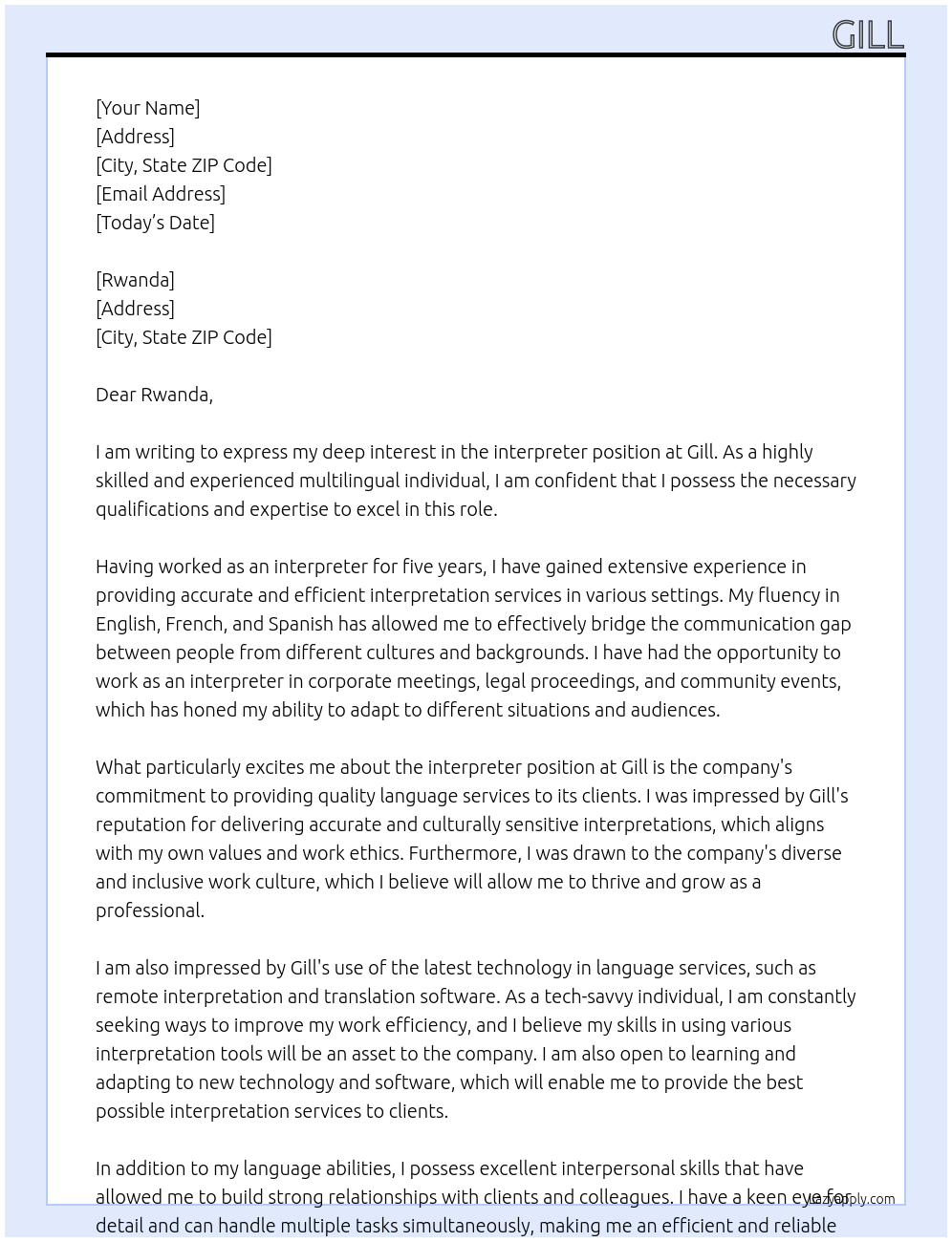 interpreter At gill Cover Letter