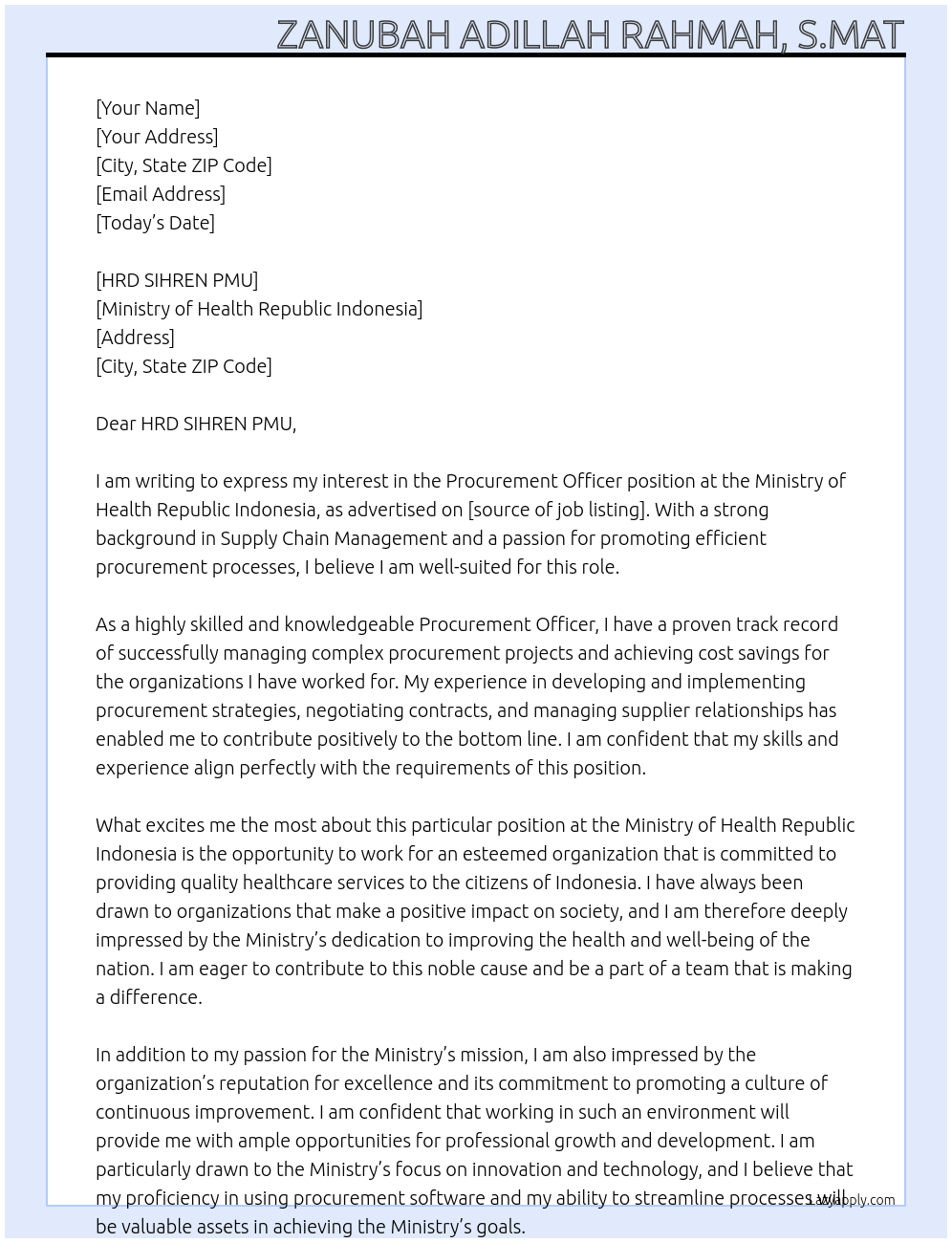 Procurement Officer At Ministry of Health Republic Indonesia Cover Letter