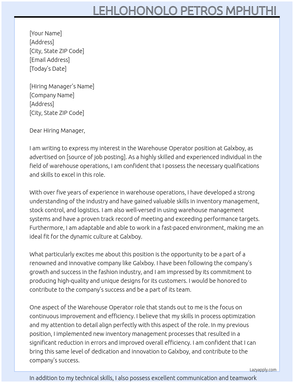 Warehouse Operator At Galxboy Cover Letter