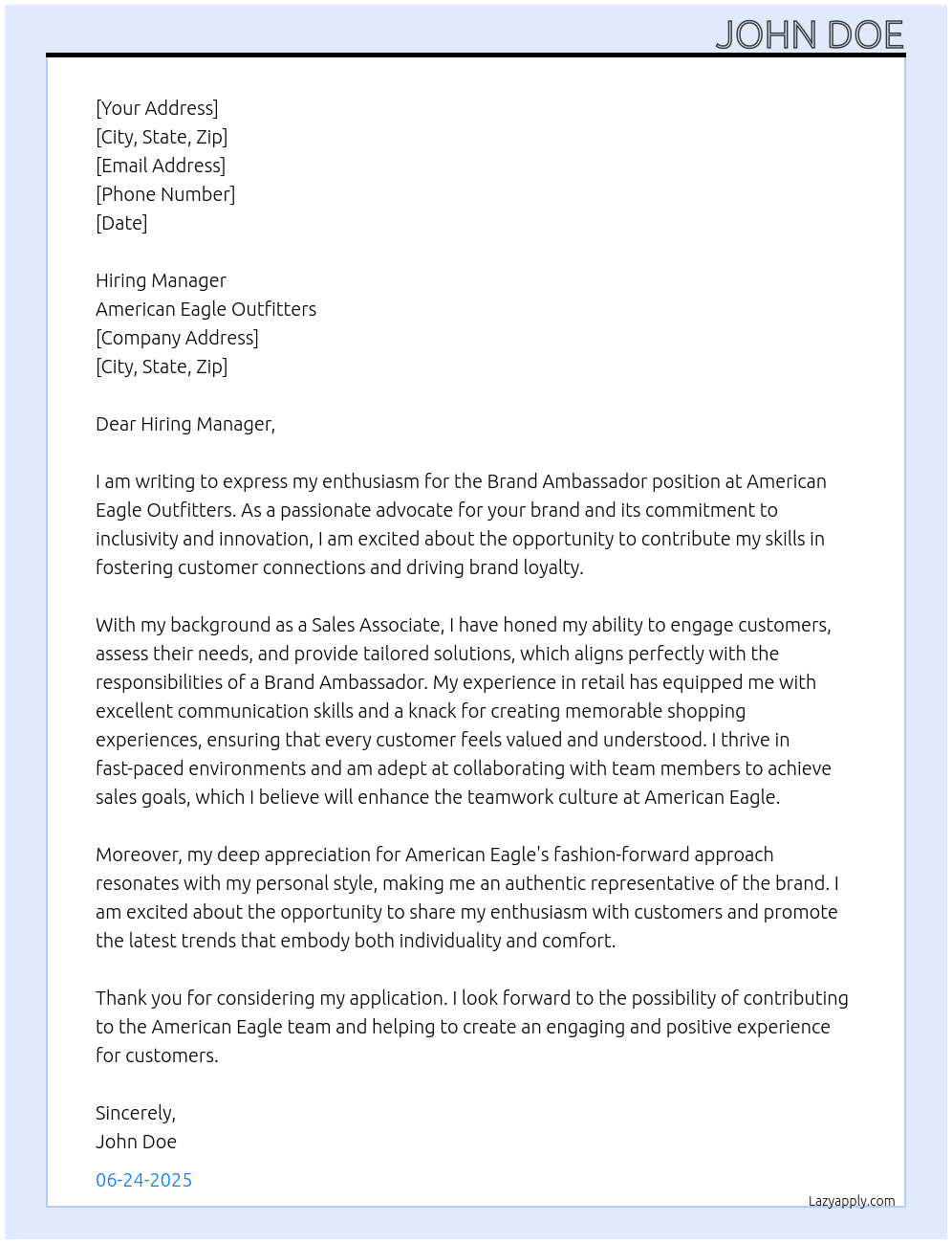 Brand Ambassador At American Eagle Outfitters Cover Letter