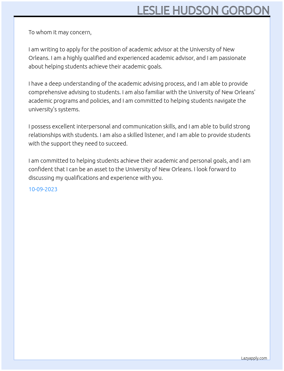 Academic advisor At UNIVERSITY OF NEW ORLANS Cover Letter