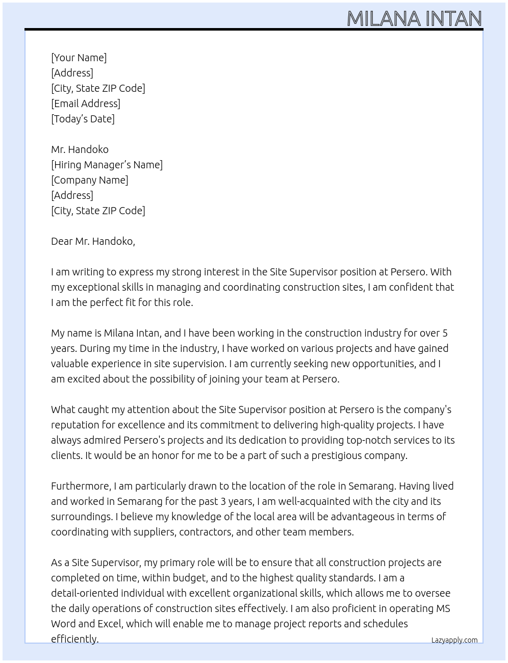 site supervisor At persero Cover Letter