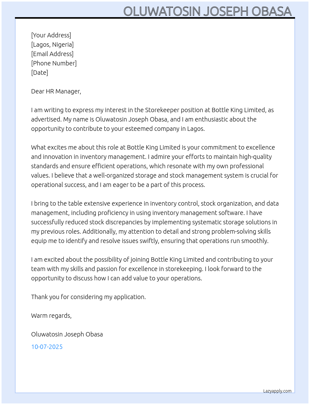 Storekeeper  At Bottle king Limited  Cover Letter