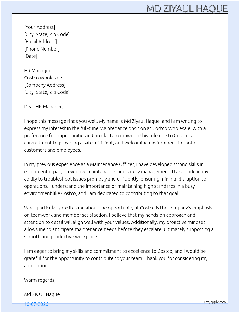 Maintenance  At Costco wholesale  Cover Letter