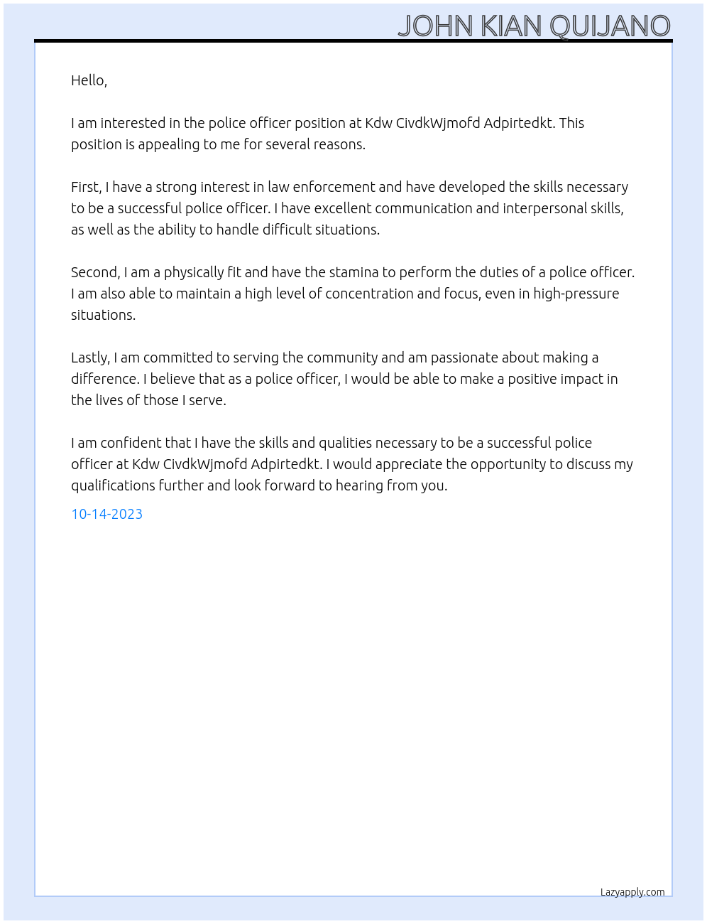 police officer At Kdw CivdkWjmofd Adpirtedkt. Cover Letter