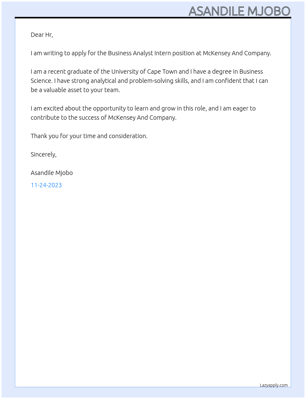 Business Analyst Intern At McKensey And Company Cover Letter