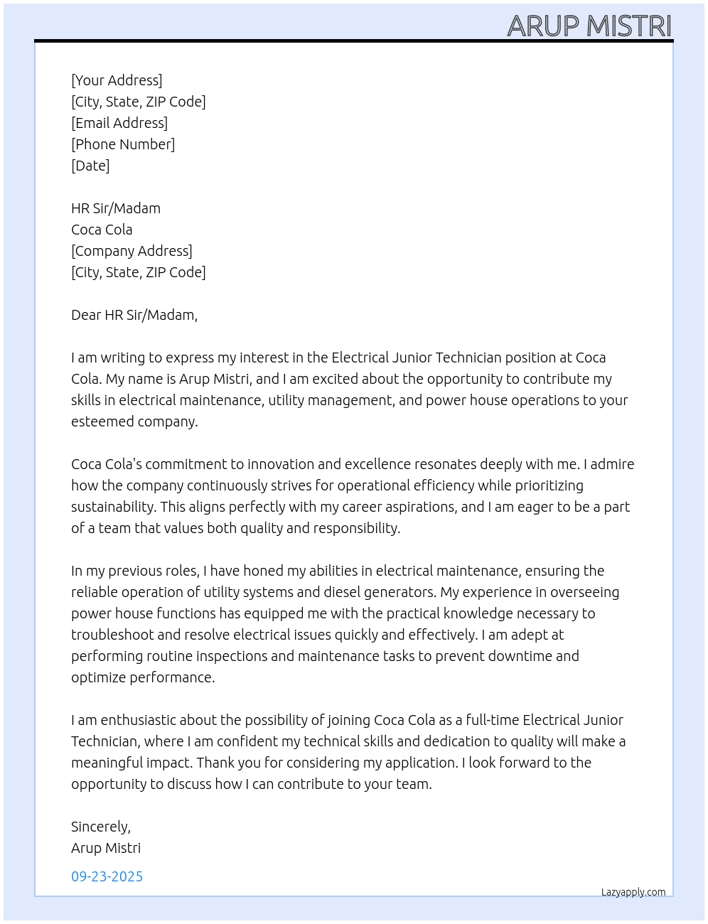 ELECTRICAL JUNIOR TECHNICIAN At COCA COLA Cover Letter