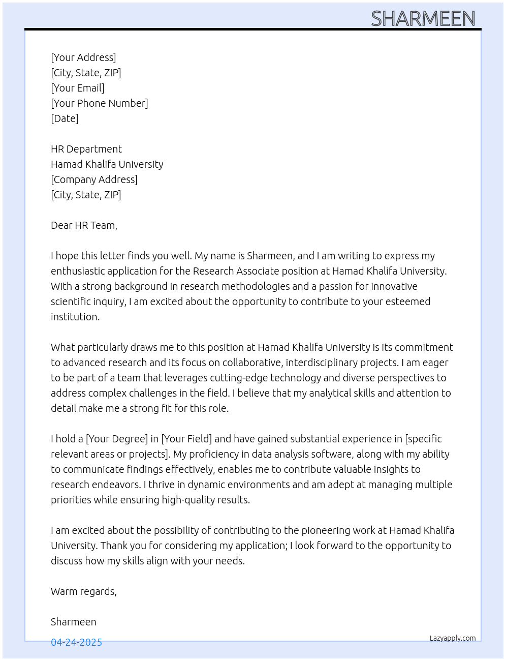 Research associate At hamad khalifa university Cover Letter