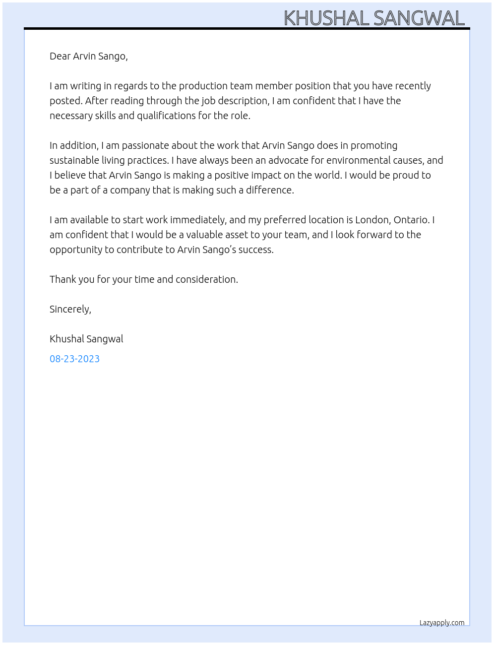 Production team member At Arvin sango canada inc. Cover Letter