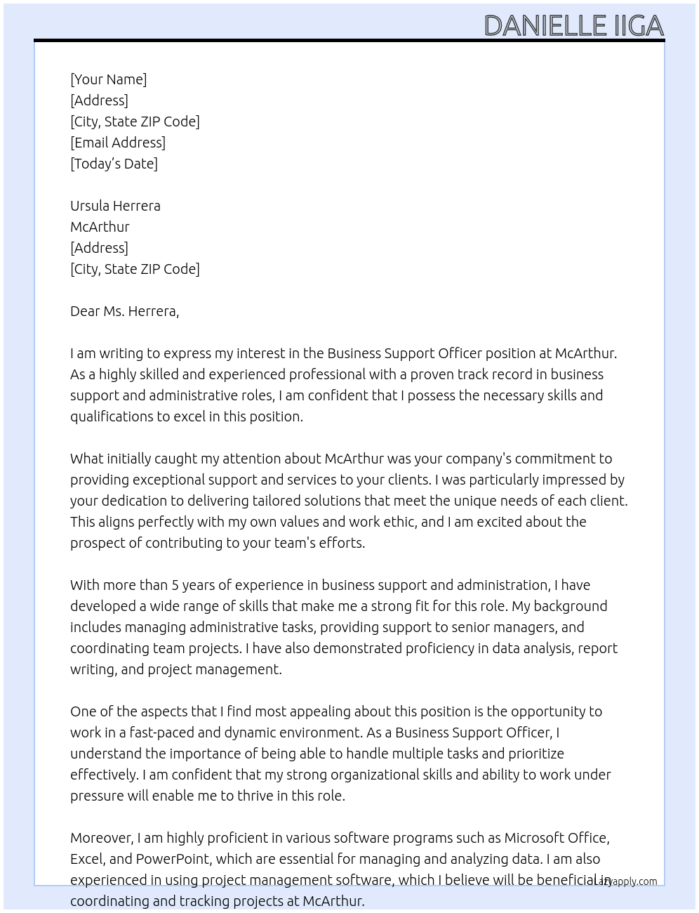 Business Support Officer At McArthur Cover Letter