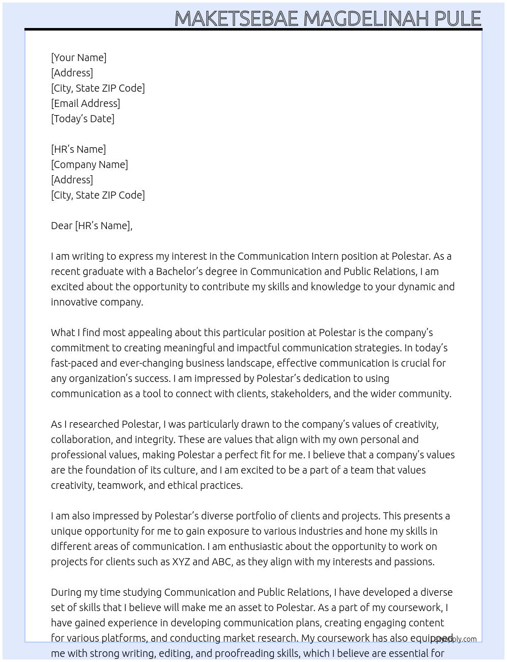 Communication intern At Polestar Cover Letter