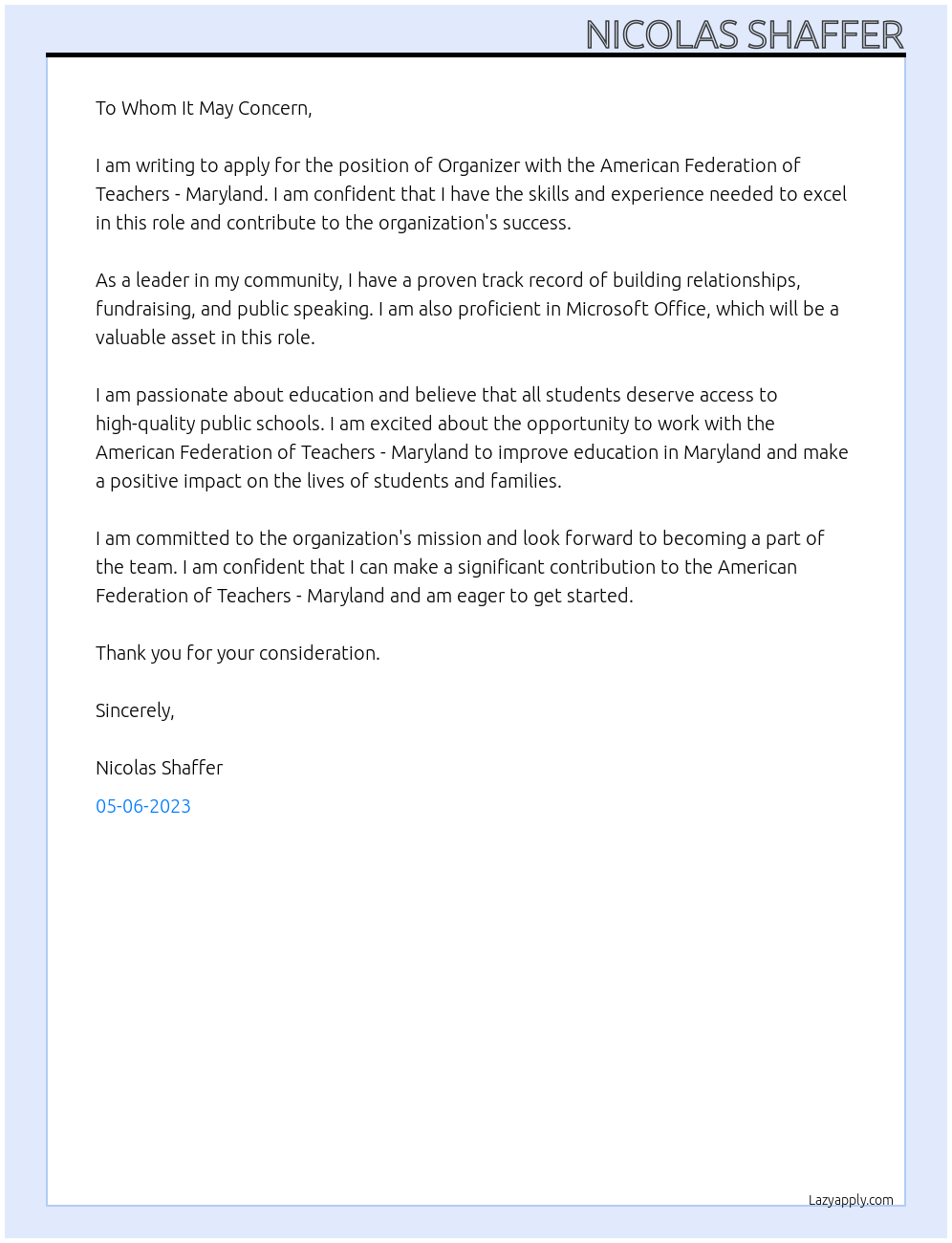 Organizer At American Federation of Teachers - Maryland Cover Letter