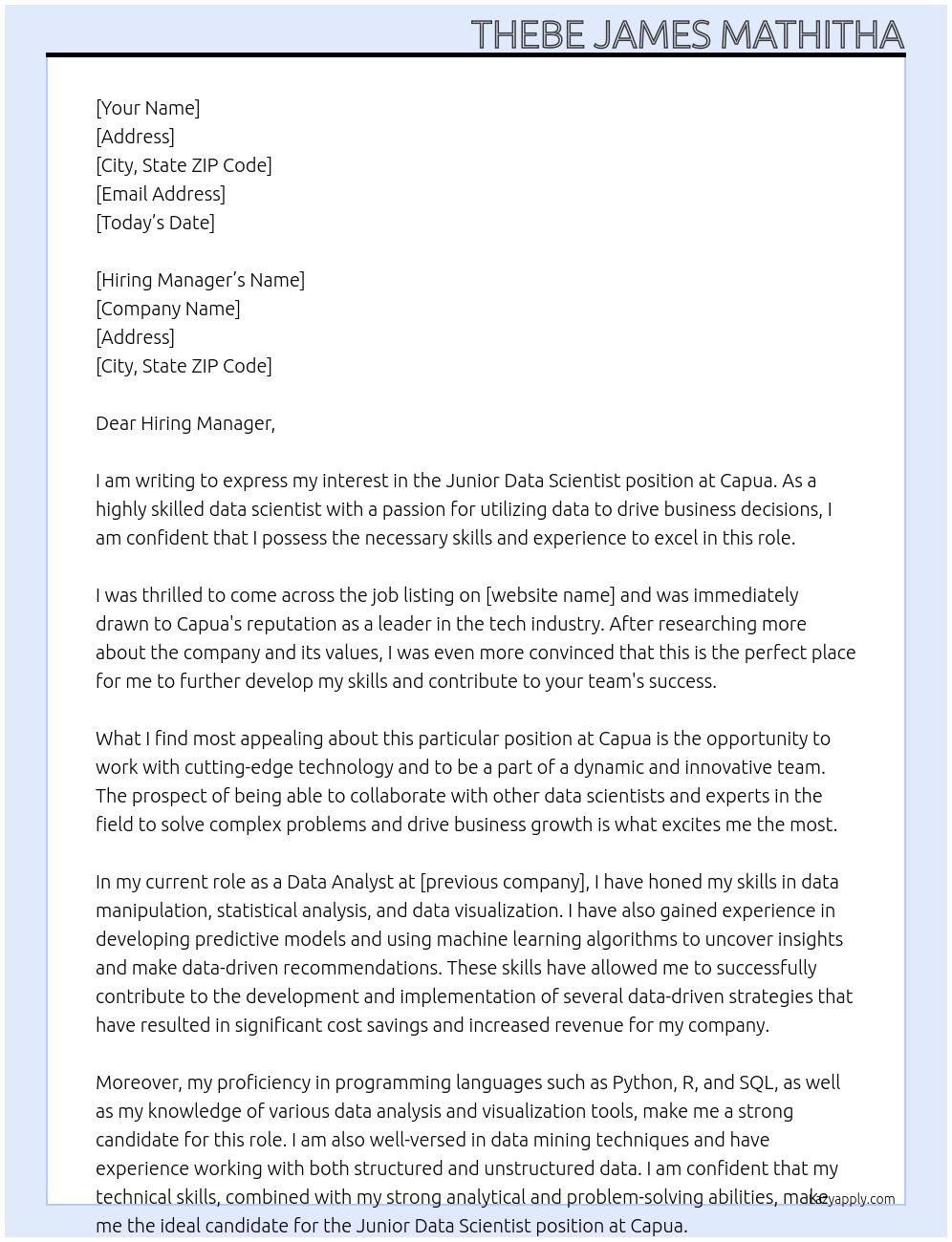 Junior Data Scientist At Capua Cover Letter
