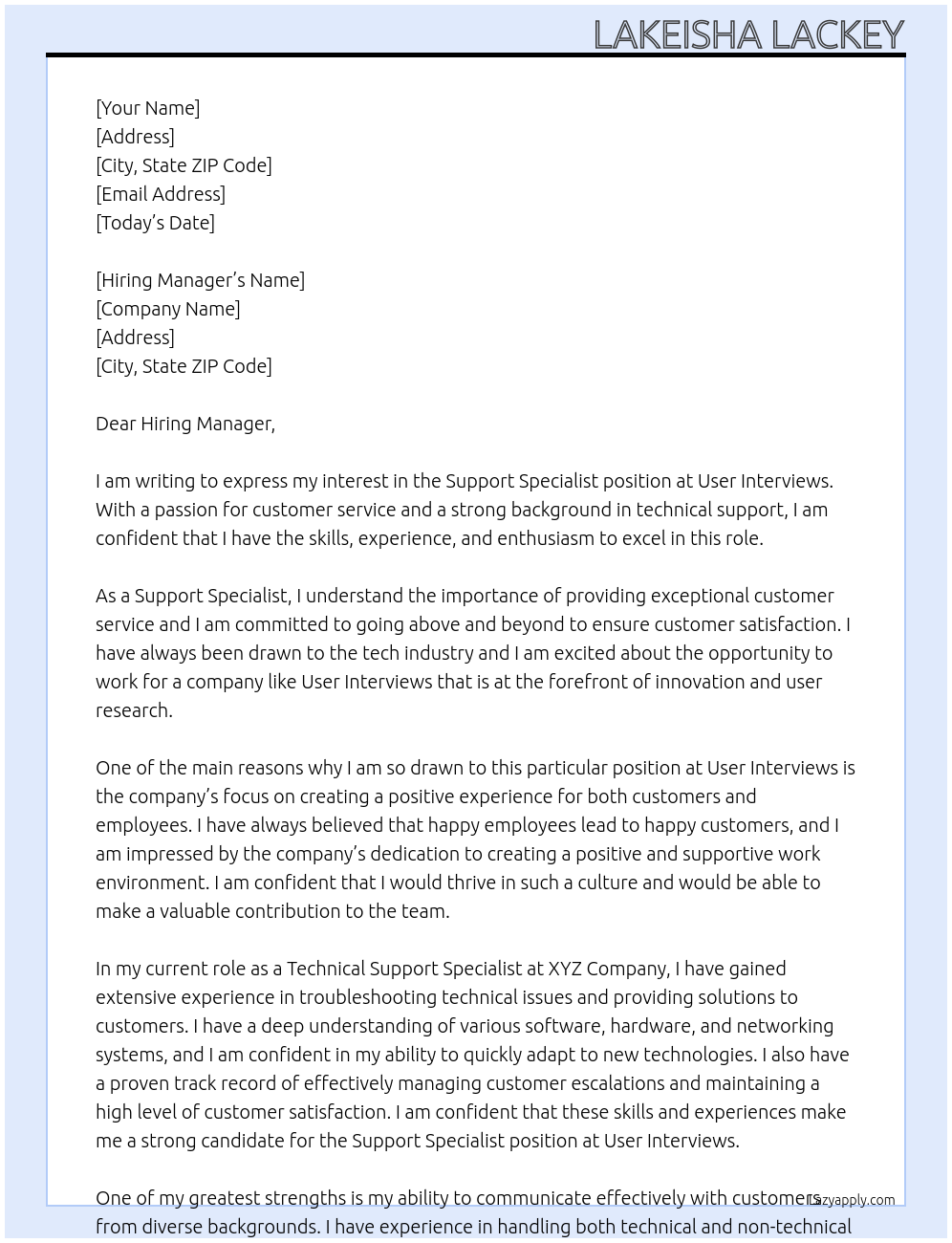 Support Specialist At User Interviews Cover Letter