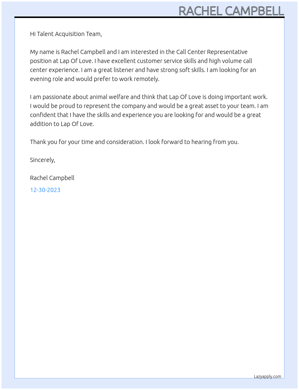Call Center Representative At Lap Of Love Cover Letter