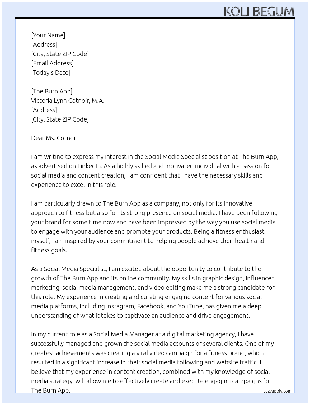 Social Media Specialist At Linkedin Cover Letter
