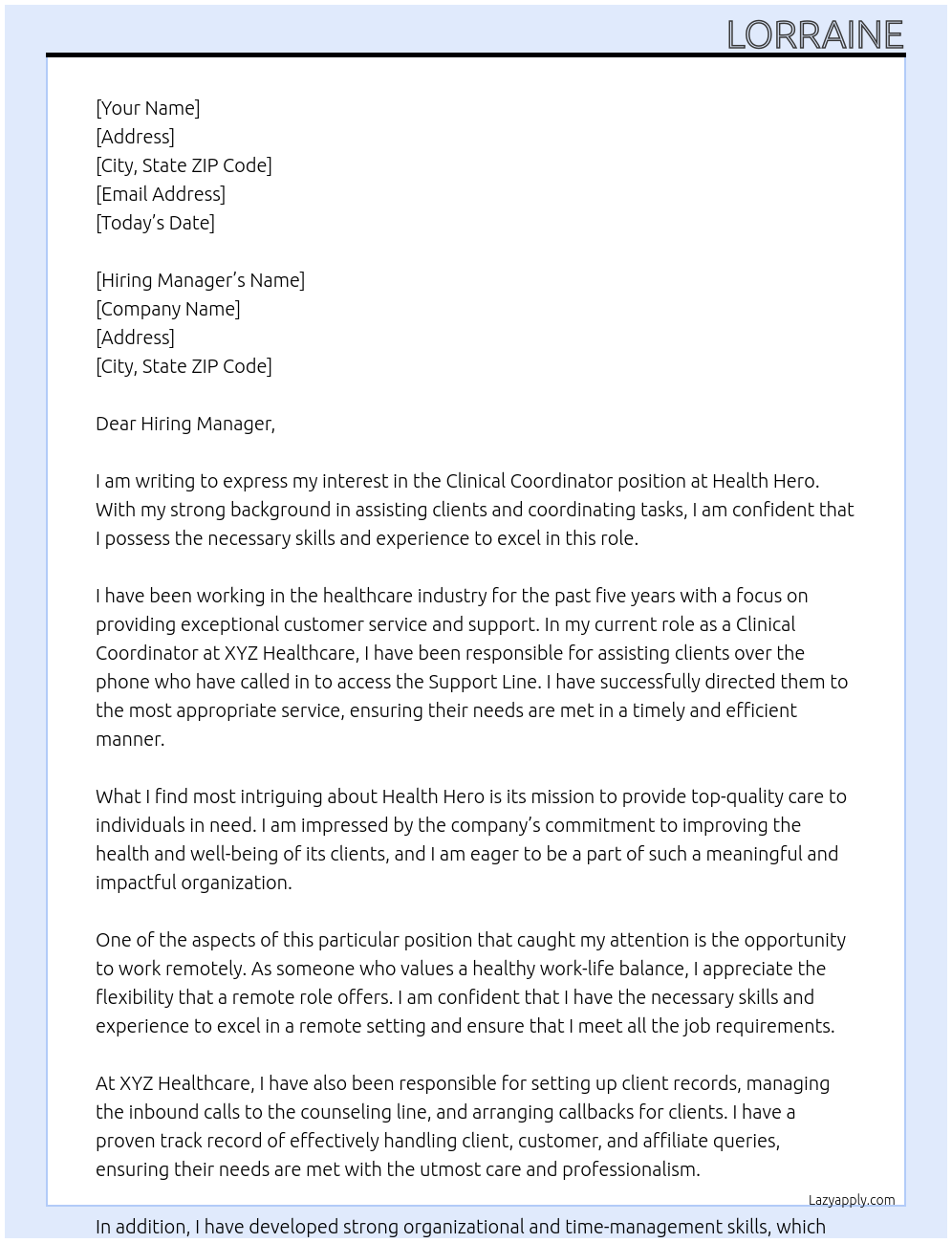 Clinical Coordinator  At Health hero Cover Letter