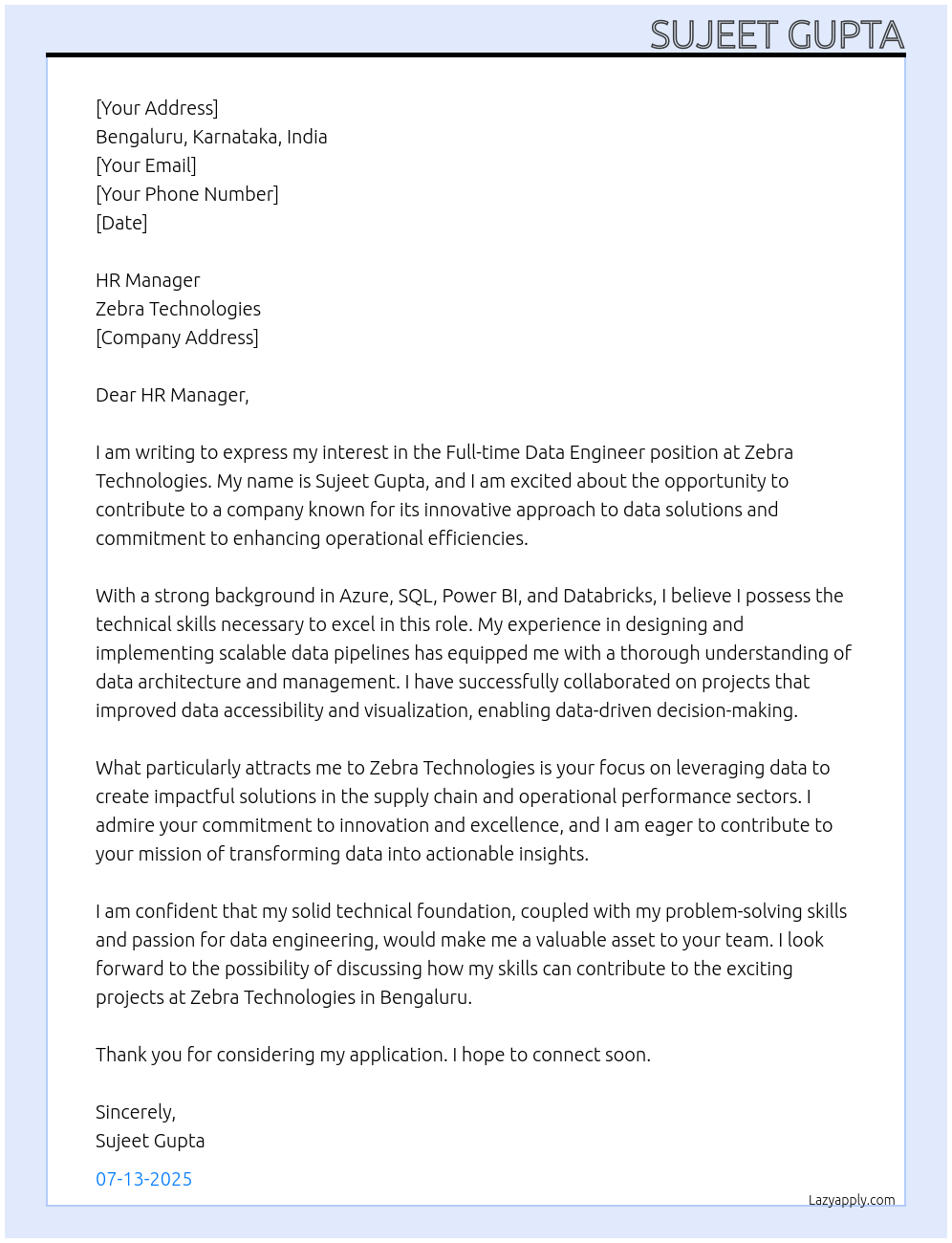 Data Engineer At Zebra Technology Cover Letter