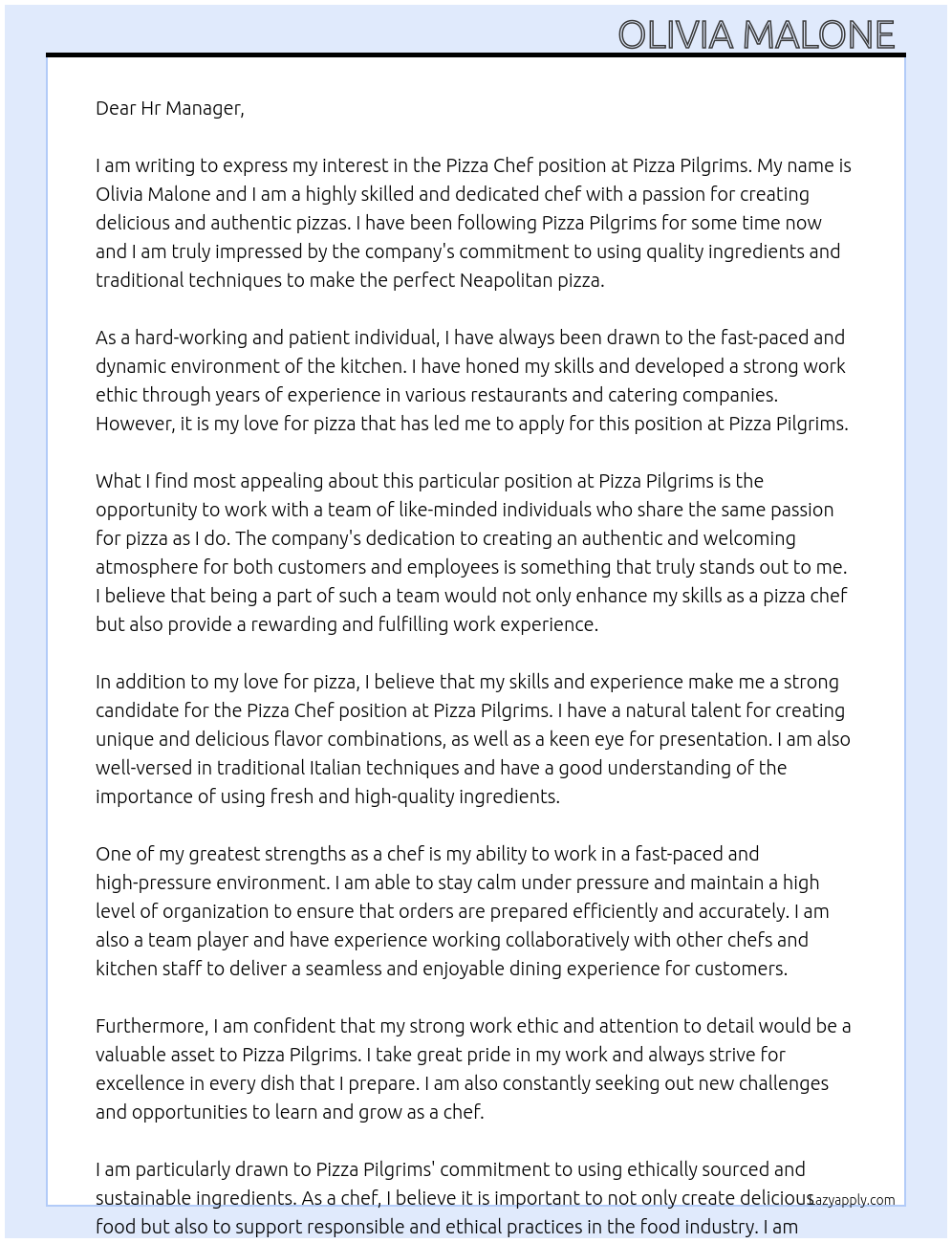 Pizza Chef  At Pizza Pilgrims Cover Letter
