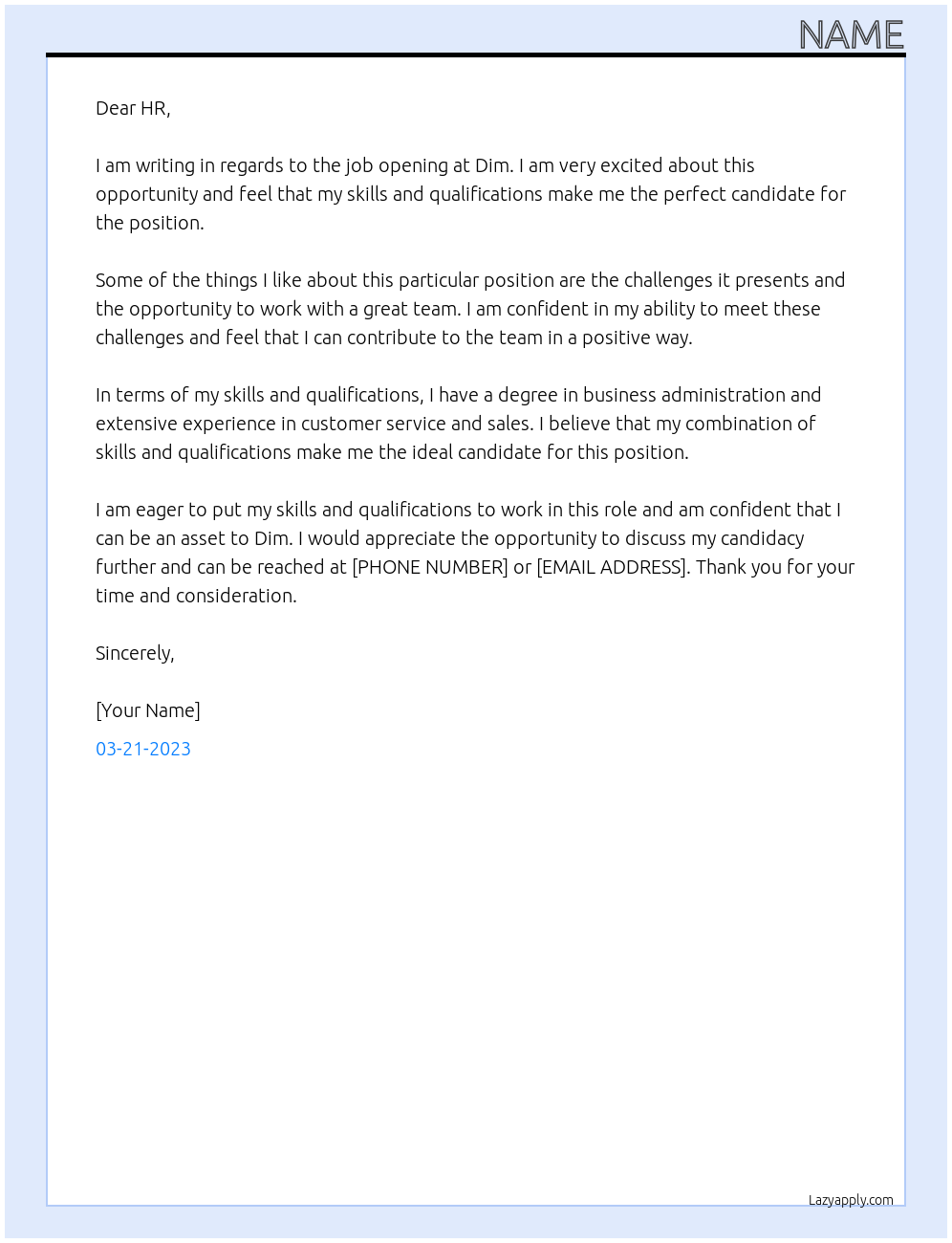 Job At Dim Cover Letter