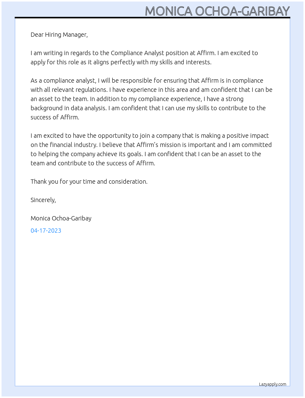 Compliance Analyst At Affirm Cover Letter