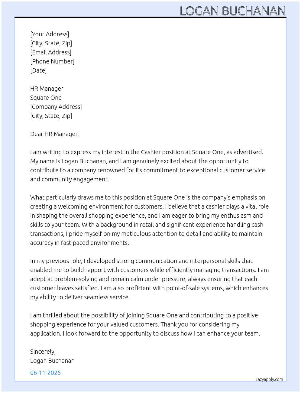 Cashier At square one Cover Letter