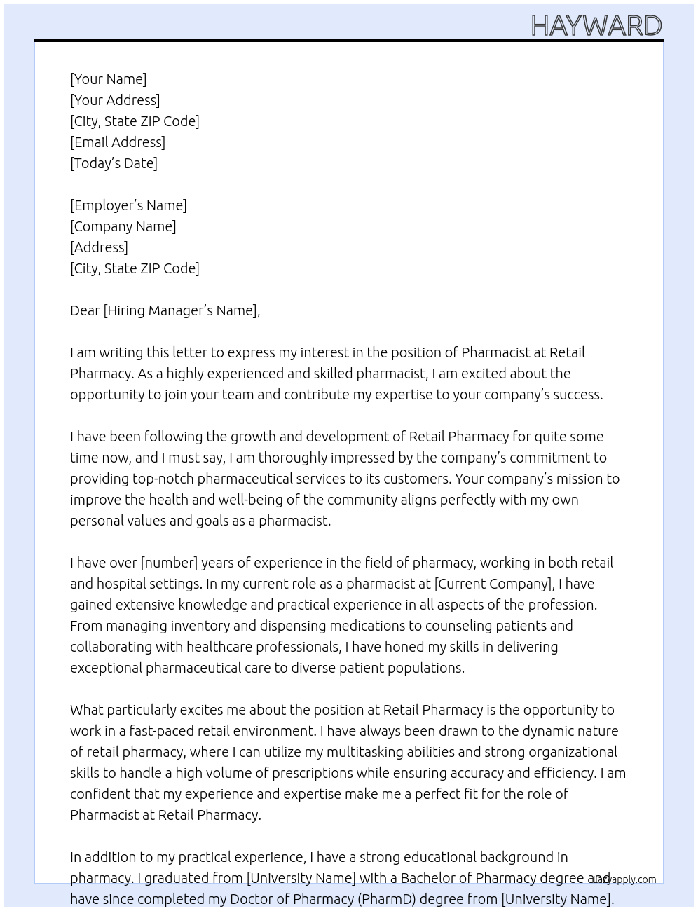 pharmacist At Retail pharmacy Cover Letter