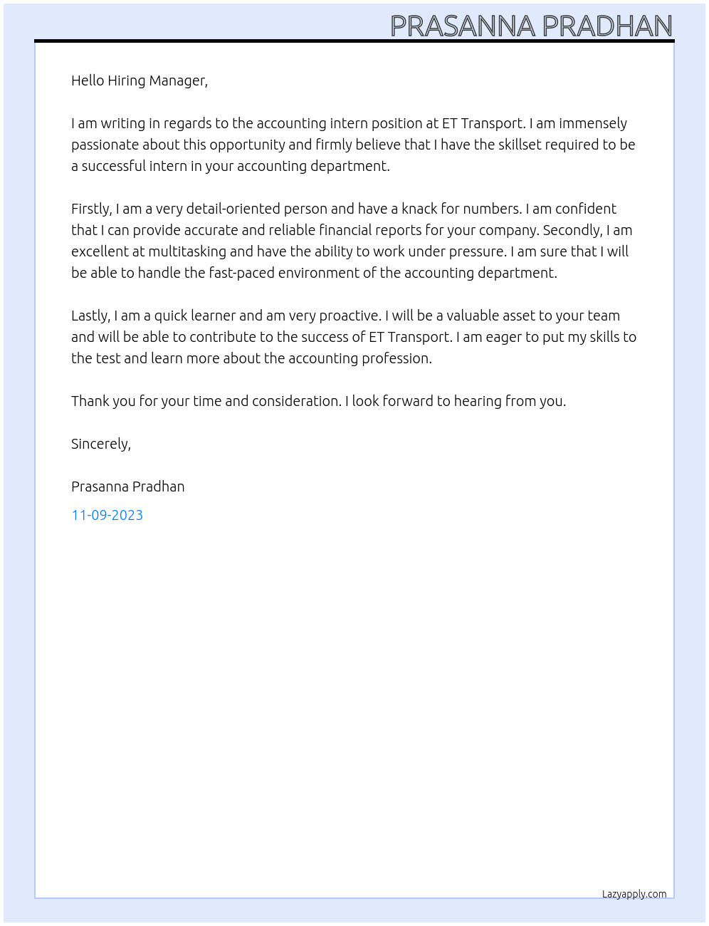 accounting intern At ET Transport Cover Letter