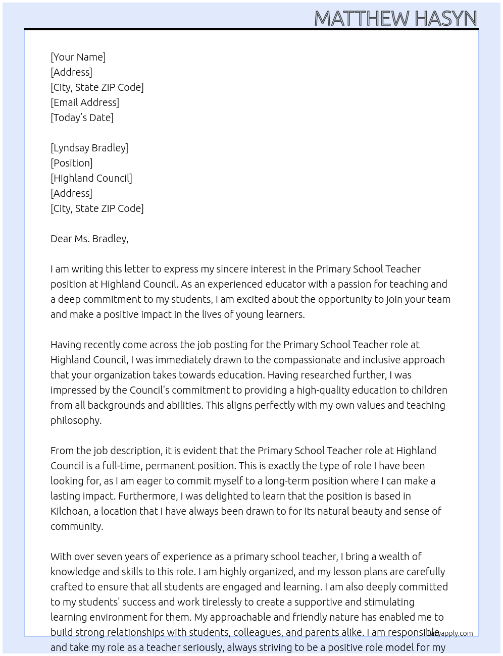 Primary school teacher At Highland Council Cover Letter