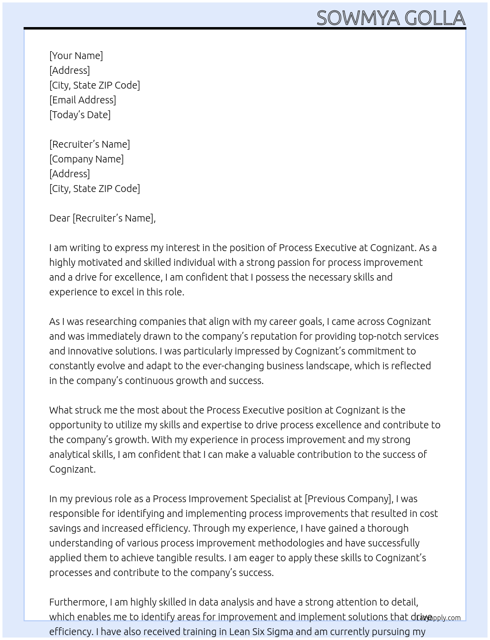 process executive At Cognizant Cover Letter