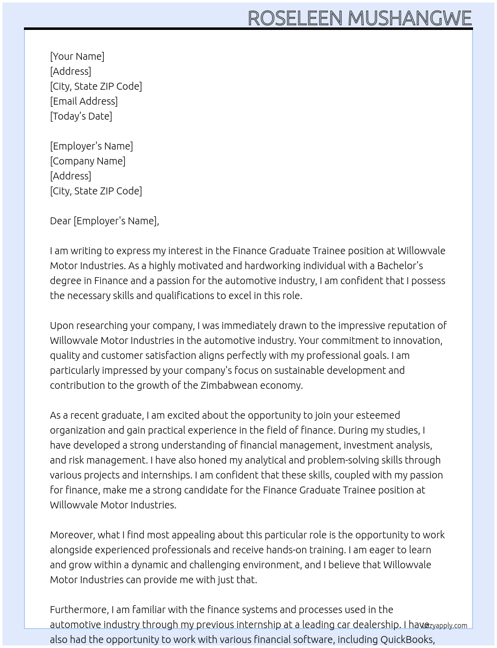 Finance graduate trainee At Willowvale Motor Industries Cover Letter