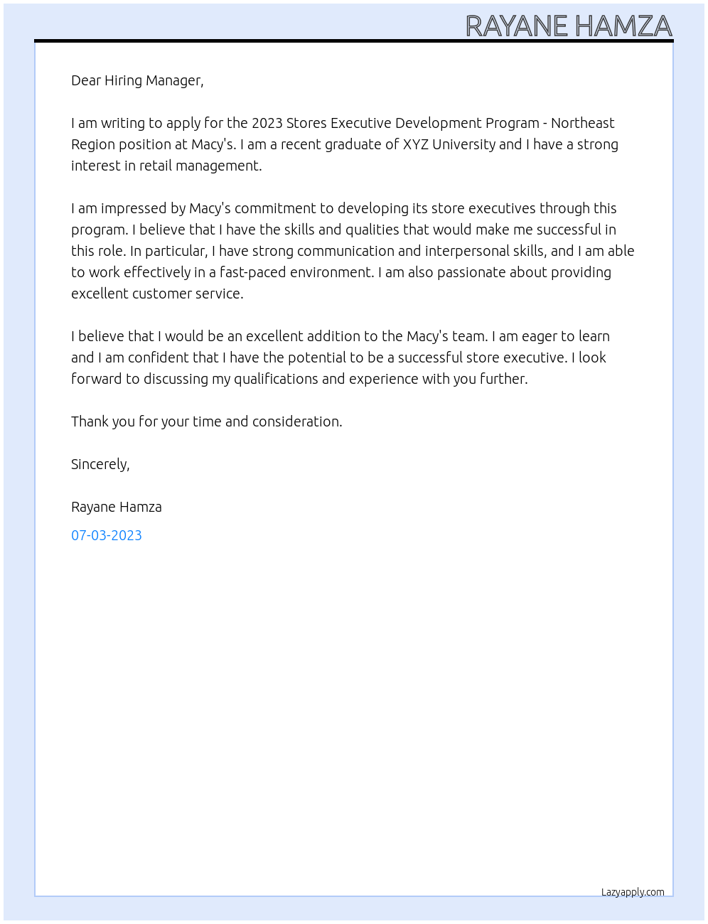 2023 Stores Executive Development Program - Northeast Region At Macy's Cover Letter