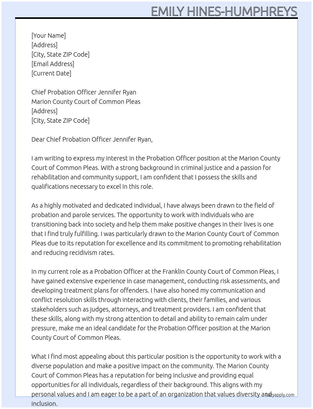 Probation Officer At Marion County Court of Common Pleas Cover Letter